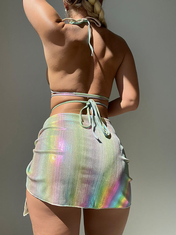 Shecharme 3 Piece String Bikini Set Rainbow Ombre Bathing Suits Sexy Holographic Swimsuit with Cover Up Shirt