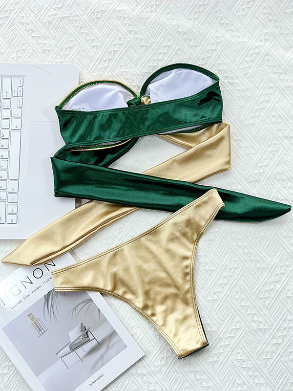 Shecharme Green Gold Satin Rhinestone One Shoulder Cheeky 2Pc Bikini Swimsuit