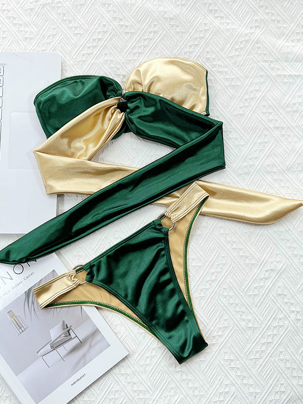 Shecharme Green Gold Satin Rhinestone One Shoulder Cheeky 2Pc Bikini Swimsuit