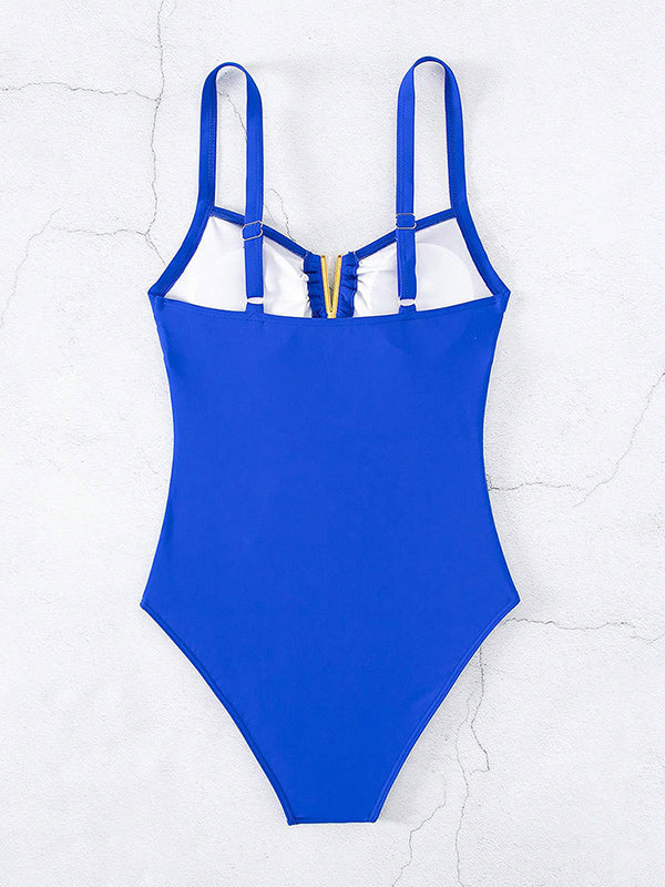 Shecharme Blue V Wire One-piece Ruched Stretchy Hollow Out Bathing Suits