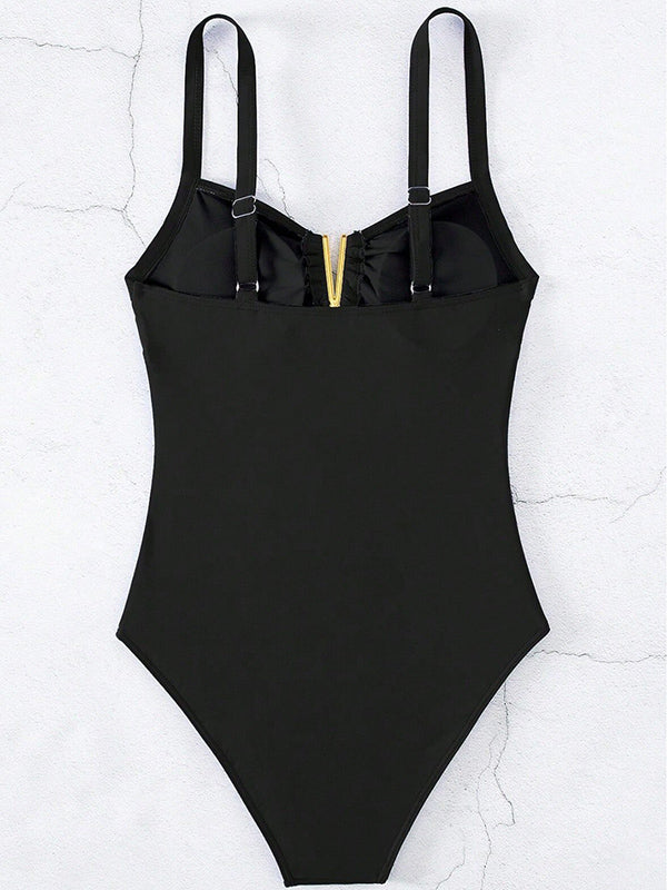 Shecharme Black V Wire One-piece Ruched Stretchy Hollow Out Bathing Suits