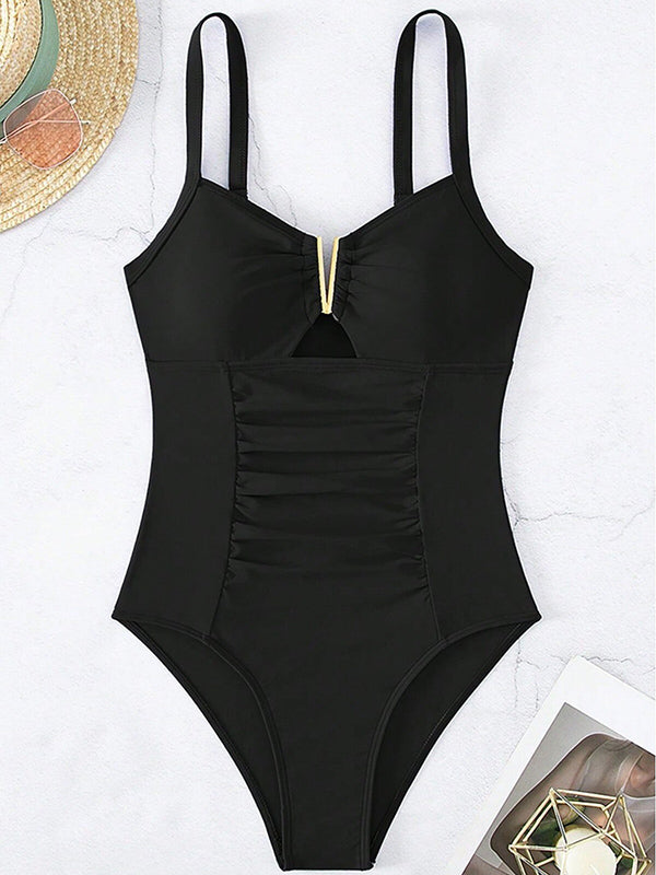 Shecharme Black V Wire One-piece Ruched Stretchy Hollow Out Bathing Suits