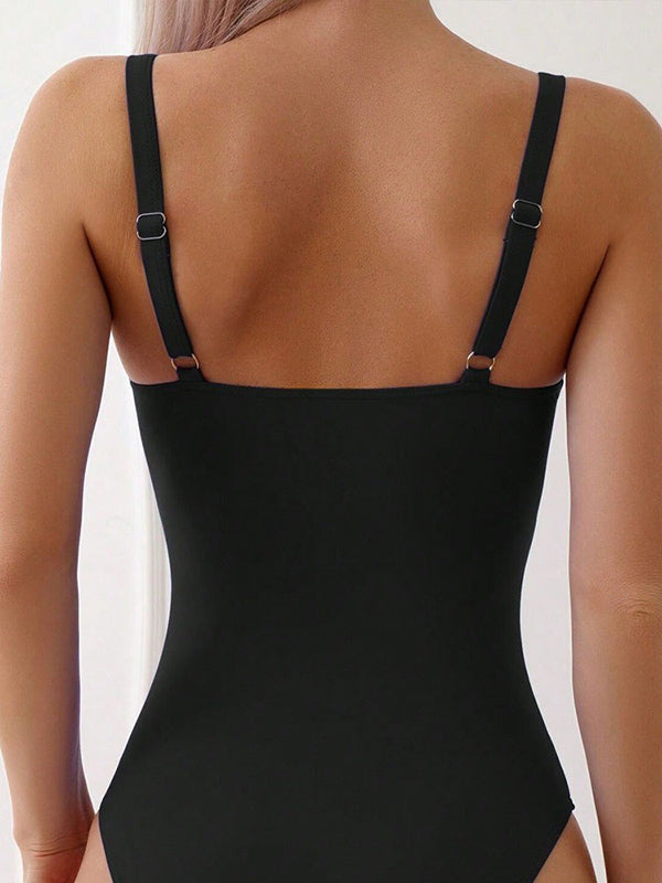 Shecharme Black V Wire One-piece Ruched Stretchy Hollow Out Bathing Suits