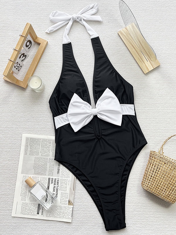 Shecharme Black Sexy Deep V Neck Breathable Halter Bowknot Swimsuit