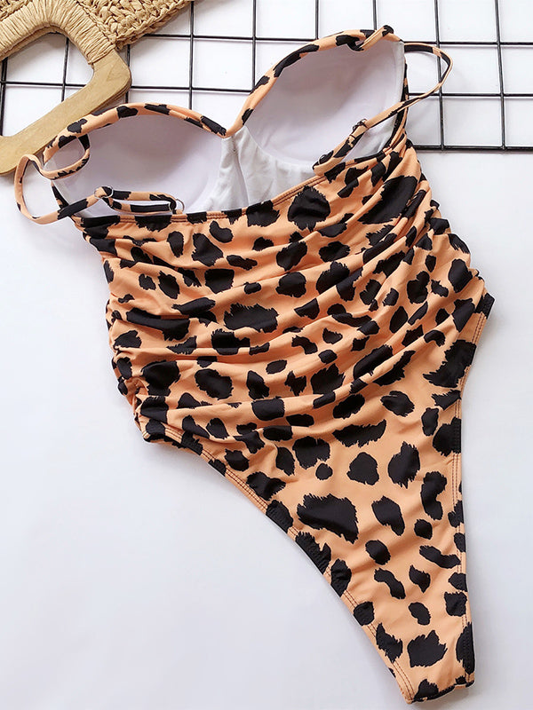 Shecharme Yellow leopard print Cutout One-Piece Sexy Back Lace Up Monokini