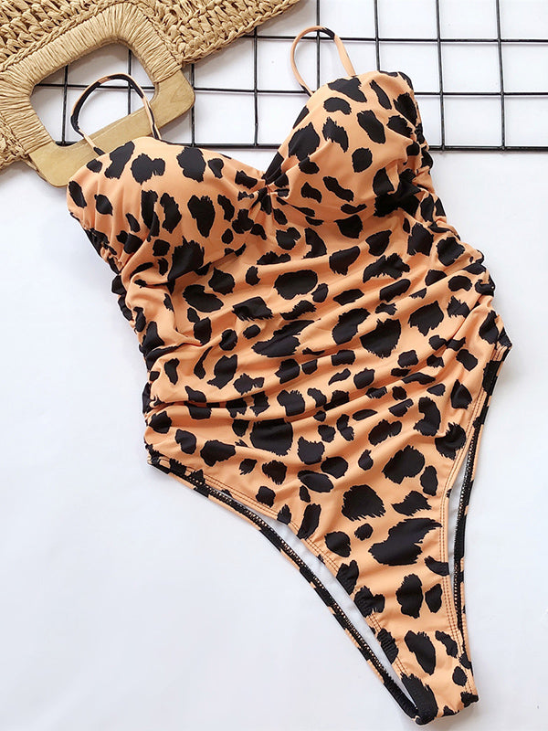 Shecharme Yellow leopard print Cutout One-Piece Sexy Back Lace Up Monokini