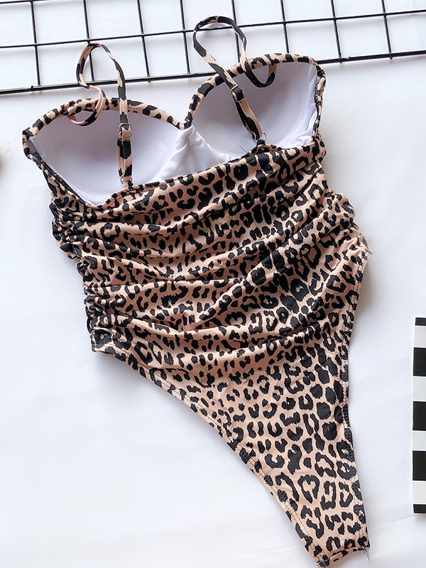 Shecharme Black leopard print Cutout One-Piece Sexy Back Lace Up Monokini