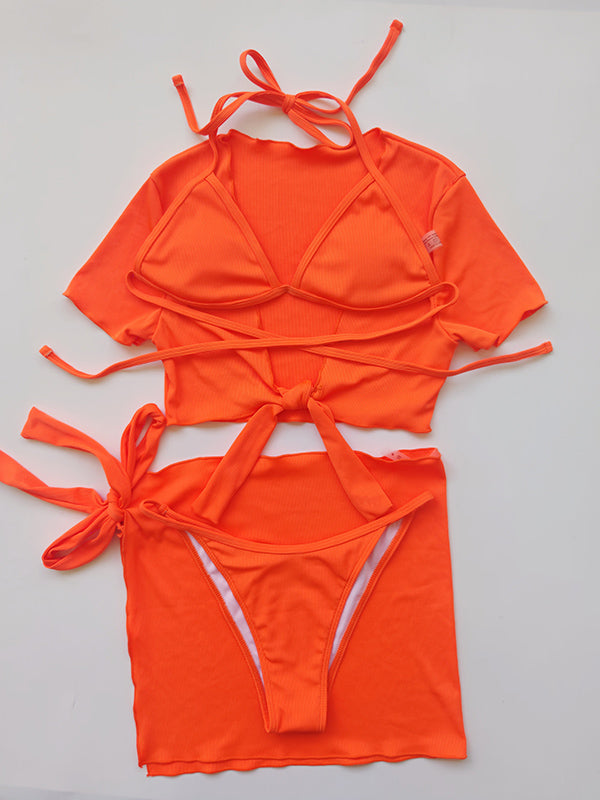 Shecharme Orange Sexy Bikini Set Halter Lace Up Short-sleeved Bikini Sets Cover Up Swimsuits Swimwear 4 Pieces Bathing Suit With Skirts