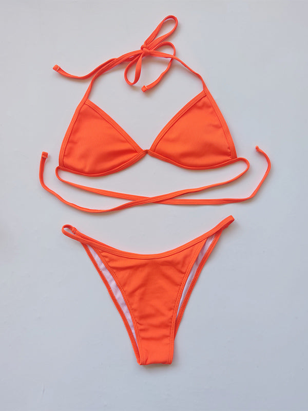 Shecharme Orange Sexy Bikini Set Halter Lace Up Short-sleeved Bikini Sets Cover Up Swimsuits Swimwear 4 Pieces Bathing Suit With Skirts