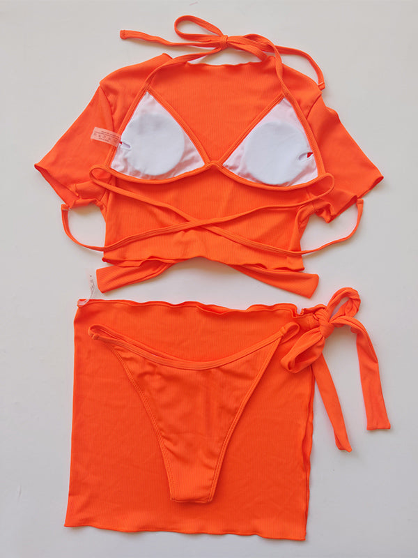 Shecharme Orange Sexy Bikini Set Halter Lace Up Short-sleeved Bikini Sets Cover Up Swimsuits Swimwear 4 Pieces Bathing Suit With Skirts