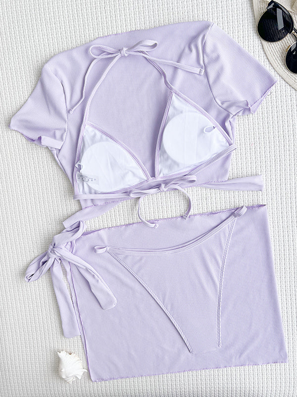 Shecharme Purple Sexy Bikini Set Halter Lace Up Short-sleeved Bikini Sets Cover Up Swimsuits Swimwear 4 Pieces Bathing Suit With Skirts