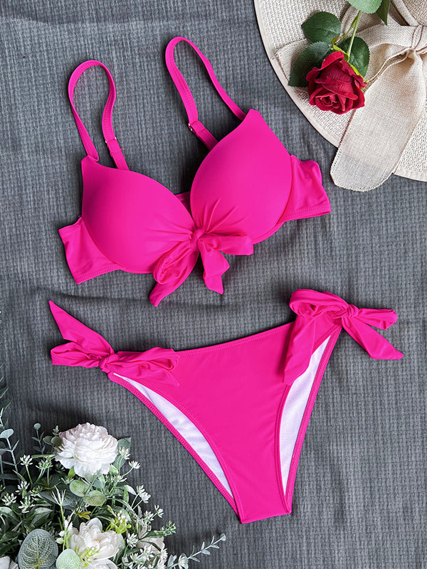 Shecharme Rose Red Women High Waisted Bikini Sets Two Piece Swimsuit Front Tie Knot Bathing Suit