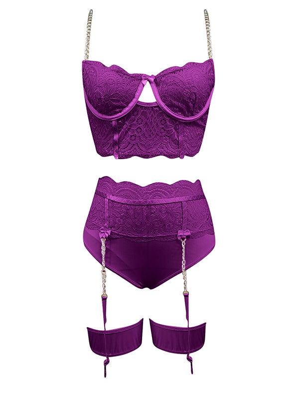 Shecharme Purple Womens Sexy Lingerie 4pcs Contrast Lace Underwire Garter Lingerie Set with Leg Ring Sexy Nightwear Lingerie for Party